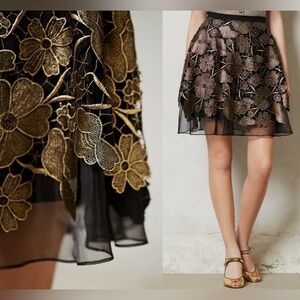 Anthropologie Eva Franco Gilt Bouquet Skirt Black Gold Lace